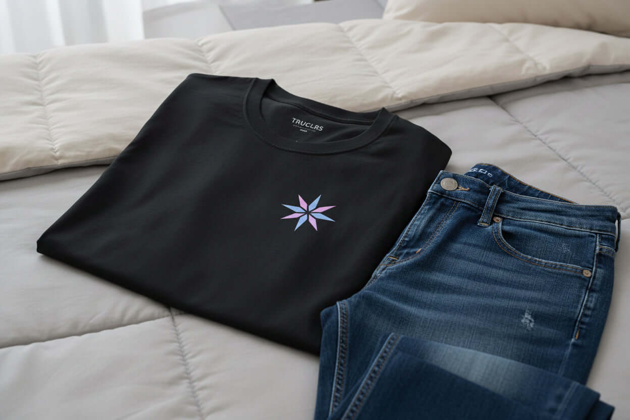 Folded black t-shirt with a colorful star design on a white background