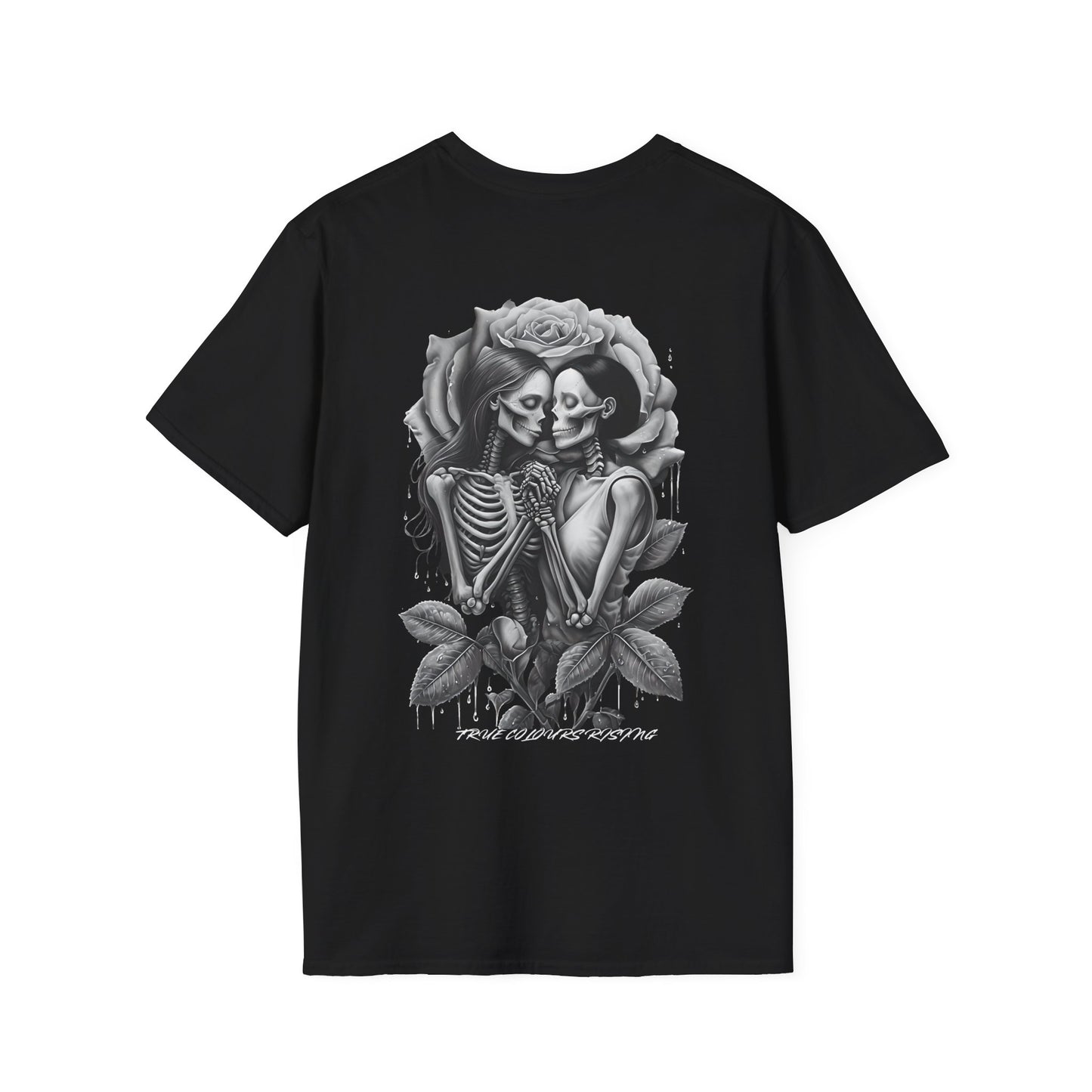 Skeleton couple in love graphic on back of black gothic T-shirt