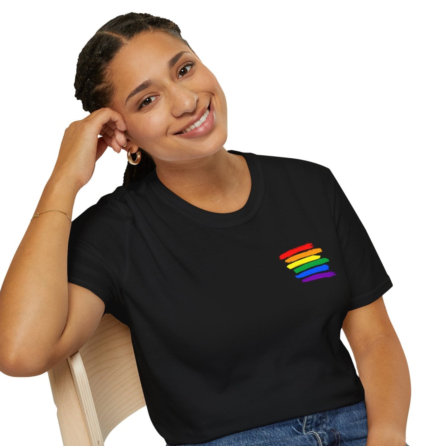 Alternative pride t-shirt with rainbow brush art over chest by True Colours Rising.