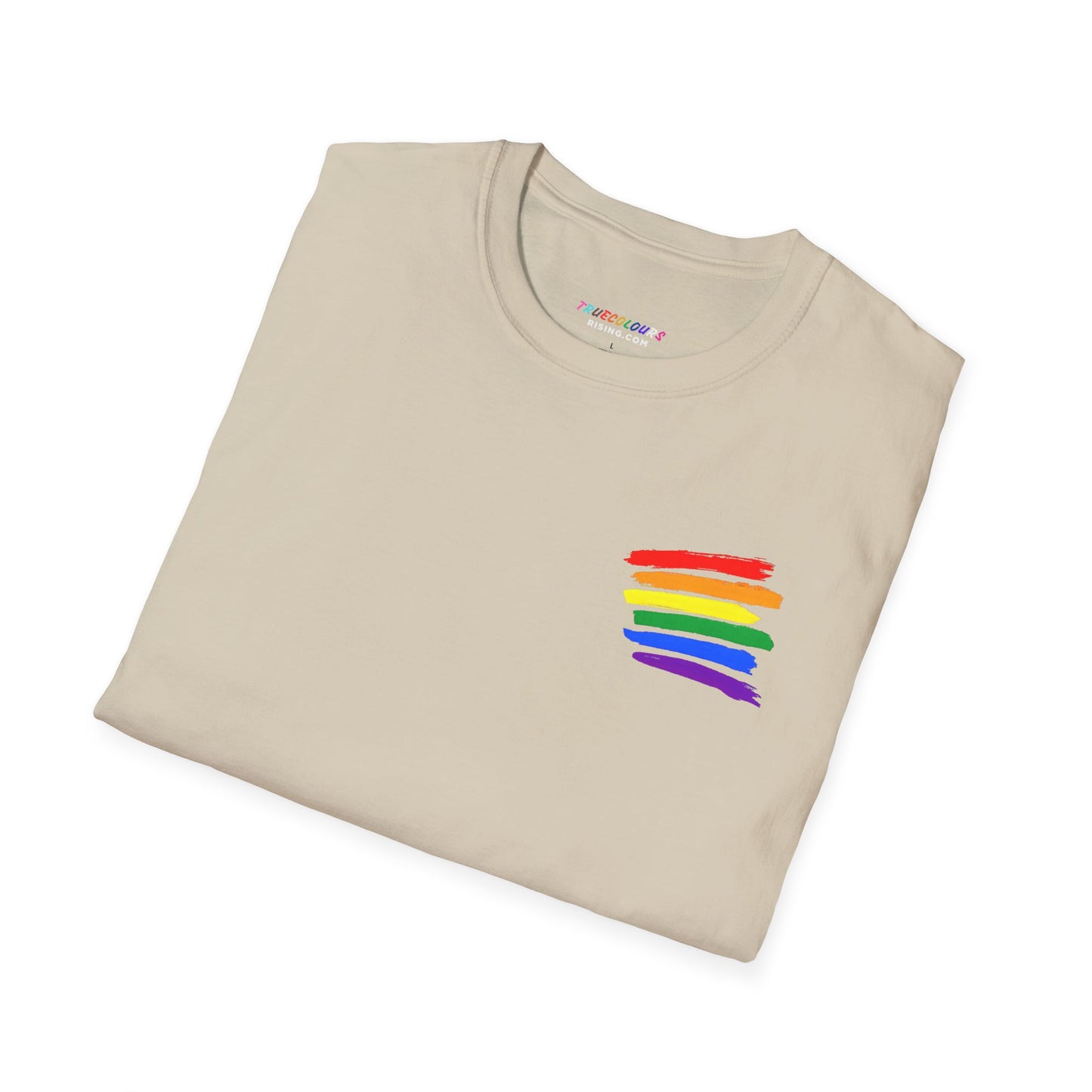 True Colours Rising rainbow pride t-shirt folded, featuring six bold brushstroke stripes in pride colors.