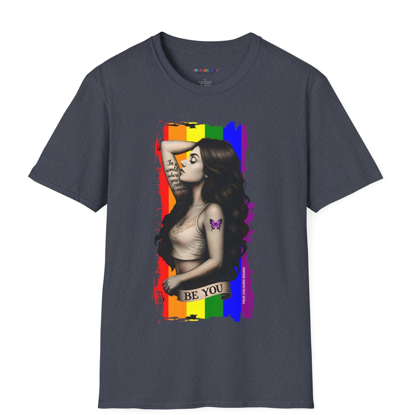 Rainbow LGBTQ+ shirt with Be You slogan and artistic black-and-white portrait