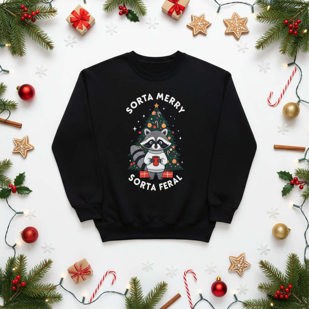 Sorta Merry Sorta Feral Christmas Jumper featuring a raccoon design, festive decorations, and a cozy black background.