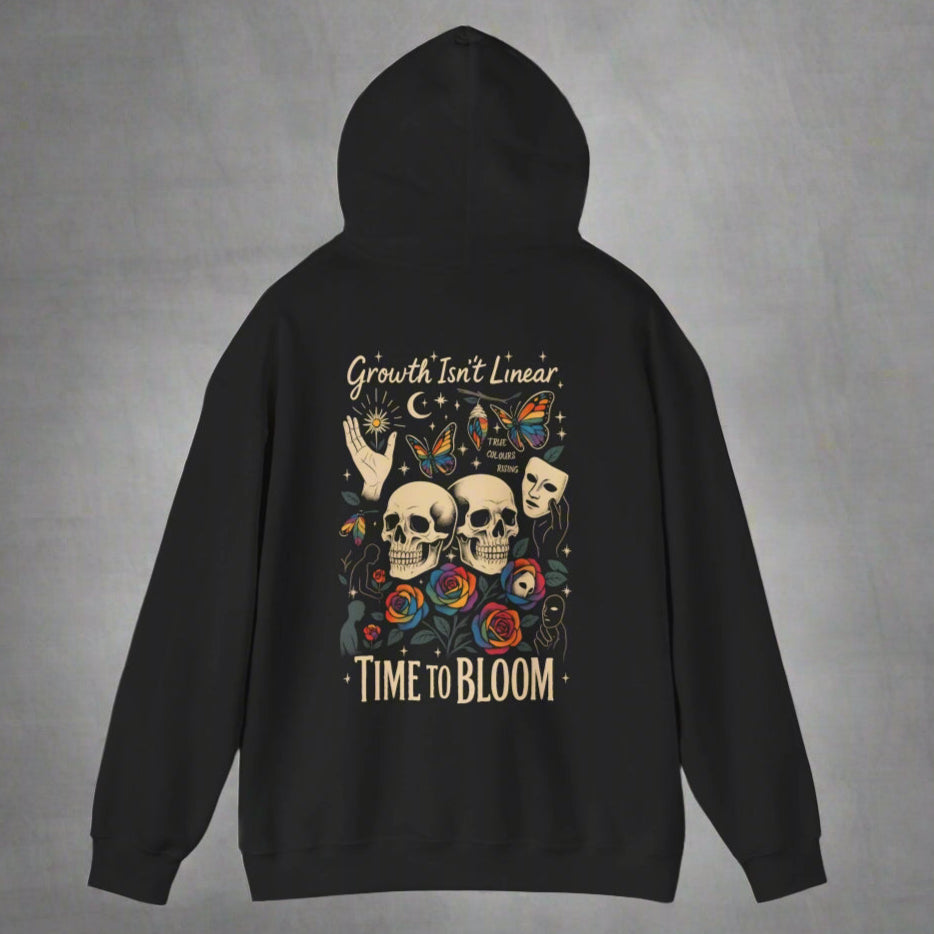 time to bloom hoodie in black from true colours rising. LGBTQ Fashion. Black Hoodie skulls