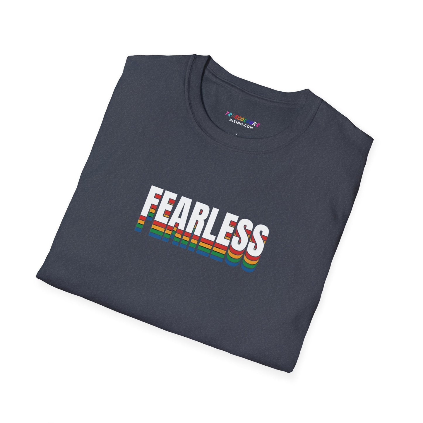 Minimalist fearless empowerment shirt with rainbow text for queer pride style
