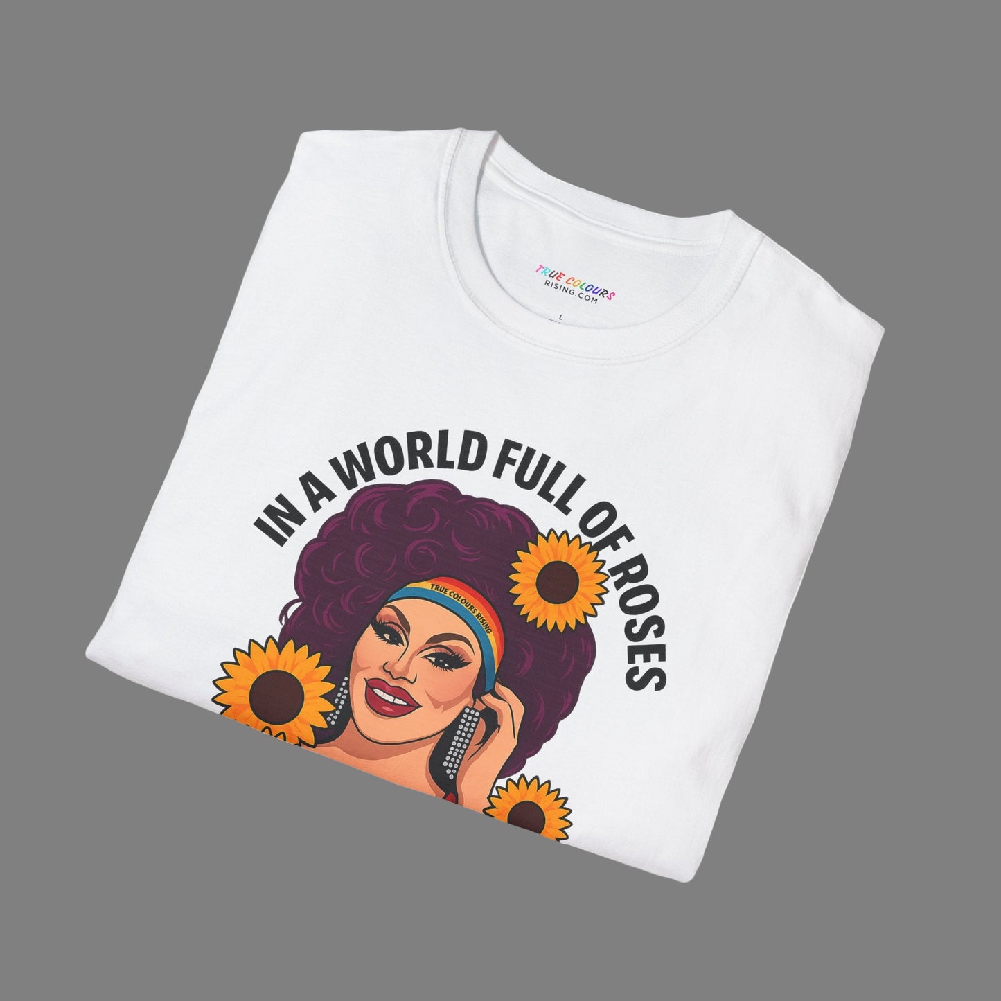 Artistic LGBTQ+ t-shirt featuring drag queen illustration and sunflower empowerment design.
