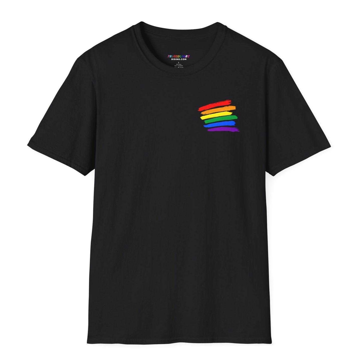 Unisex LGBTQ+ pride shirt featuring rainbow paint stripes and True Colours Rising logo.