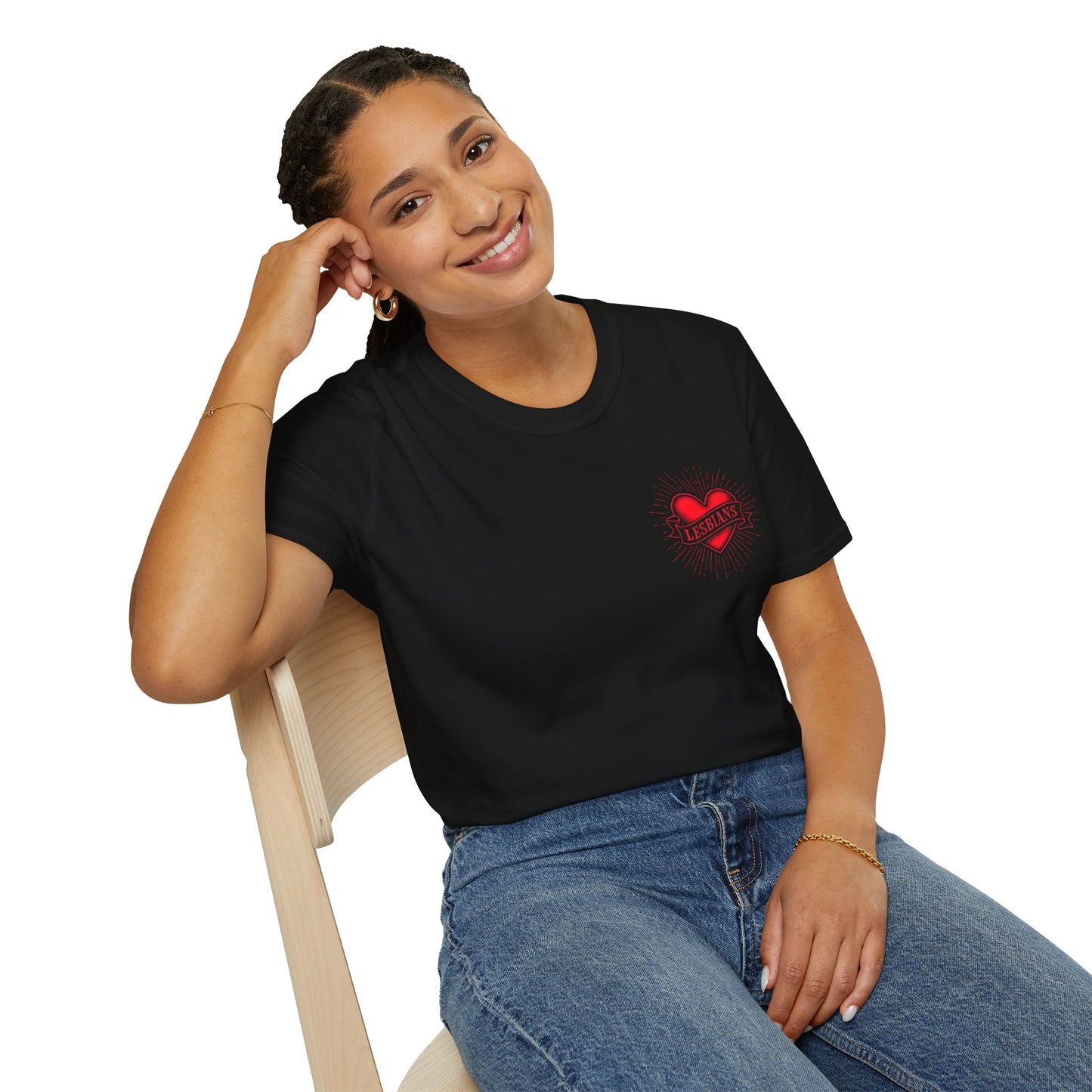Black and white biker-inspired lesbian tattoo heart graphic t-shirt
