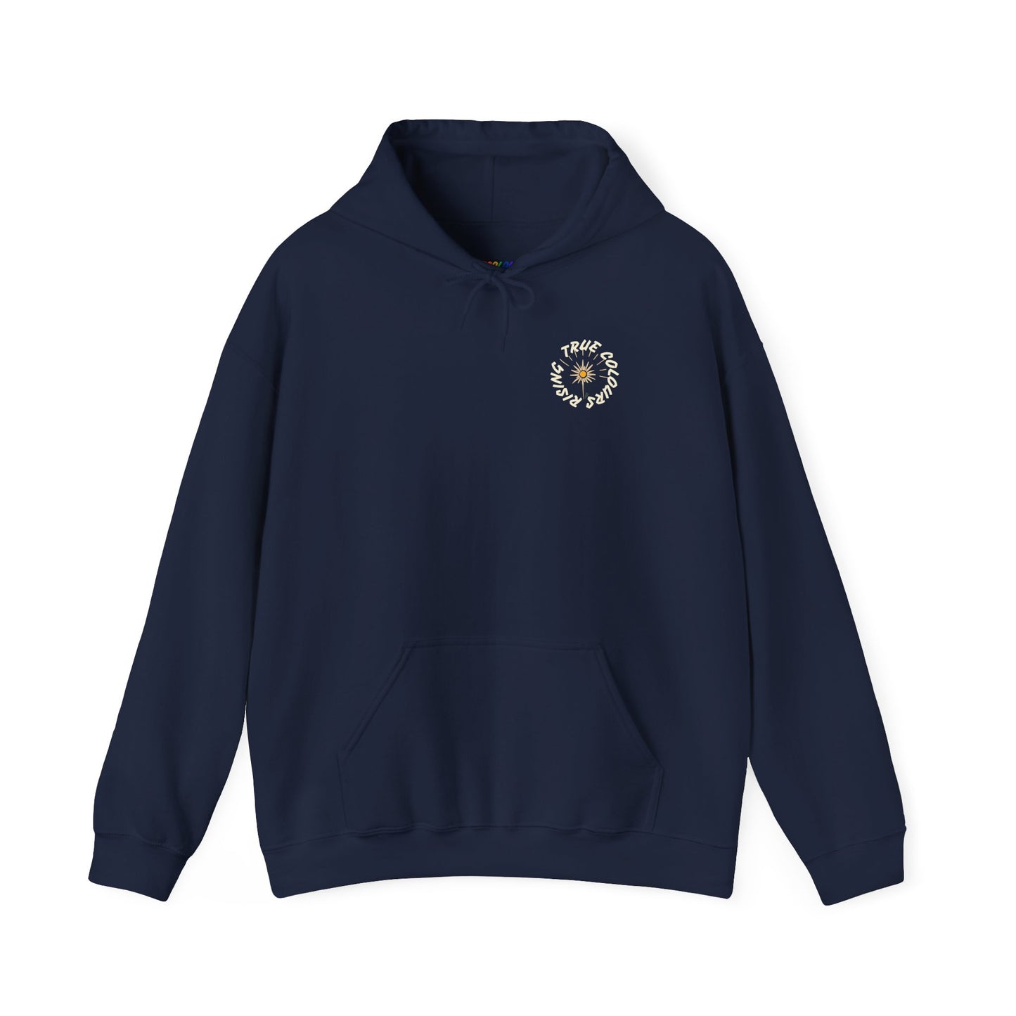 Front chest logo detail with True Colours Rising circular sunburst design