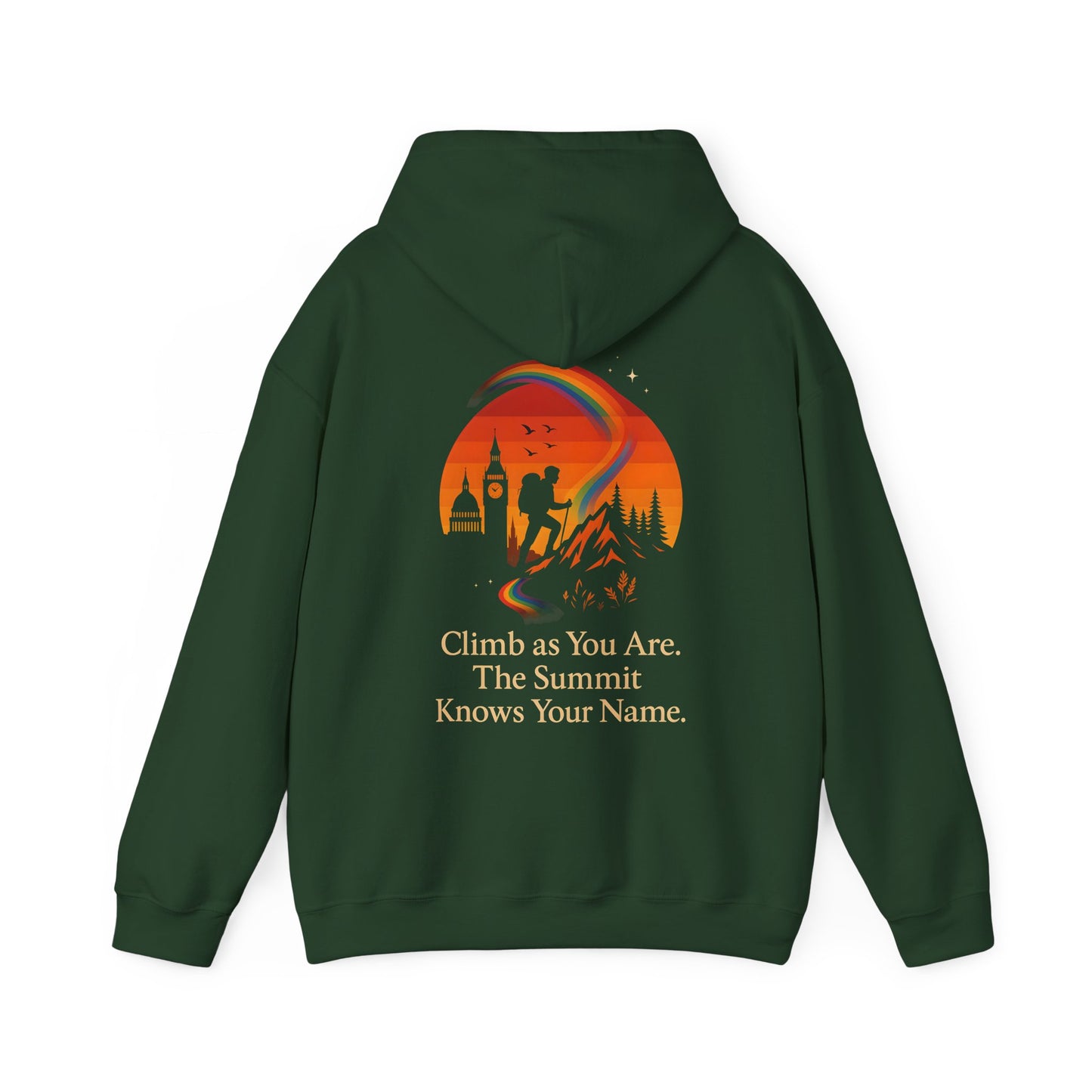 Back view of hoodie showing hiker silhouette, sunset skyline, rainbow, and inspirational pride message