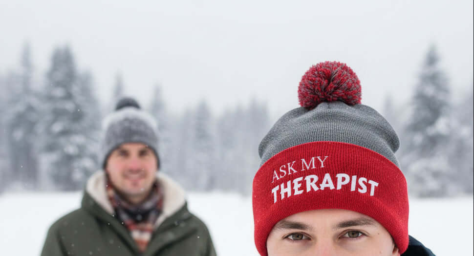 grey and read bobble hat, fun time in the snow, ask my therapist embroidered hat