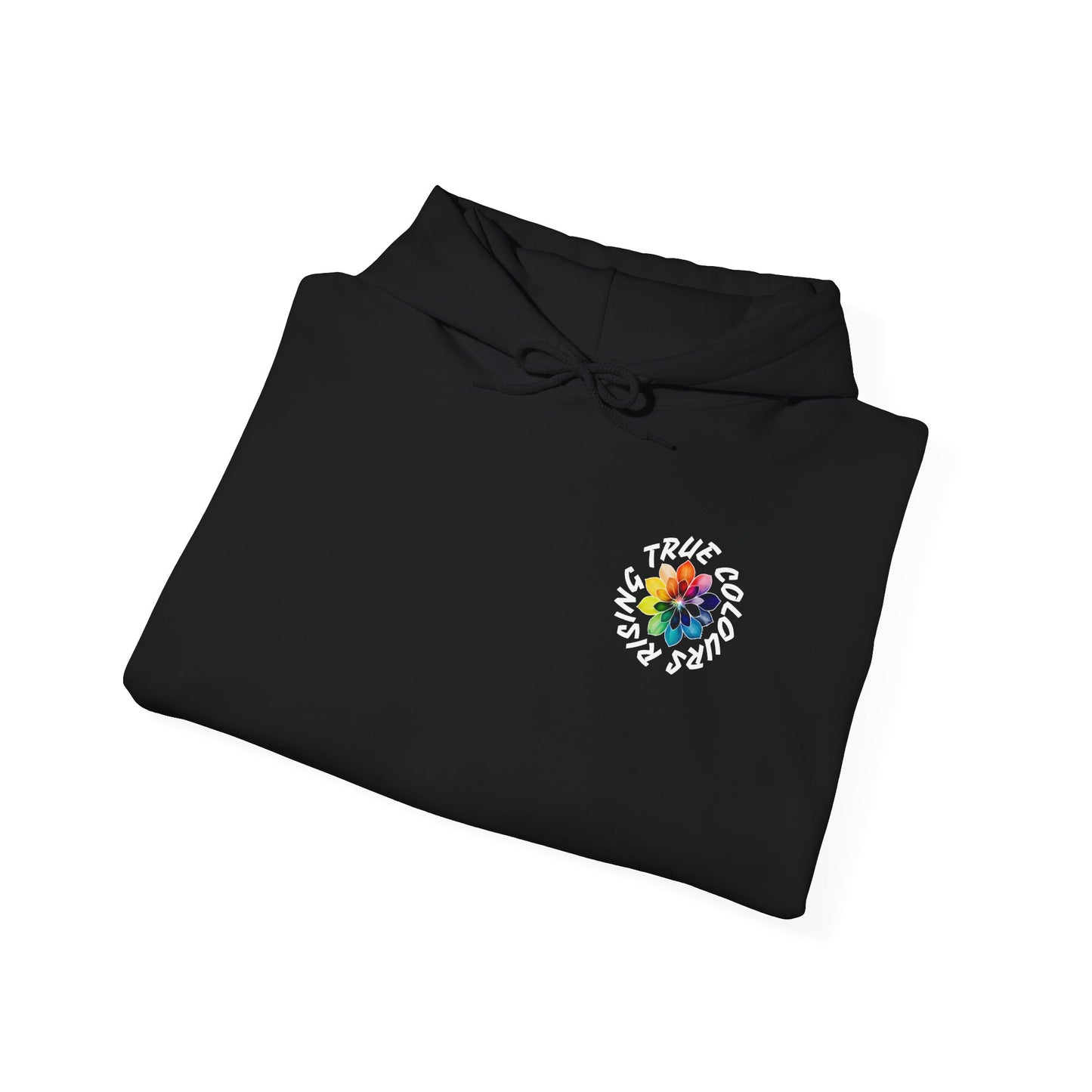 True Colours Rising pride hoodie featuring rainbow flame torch and lotus back graphic