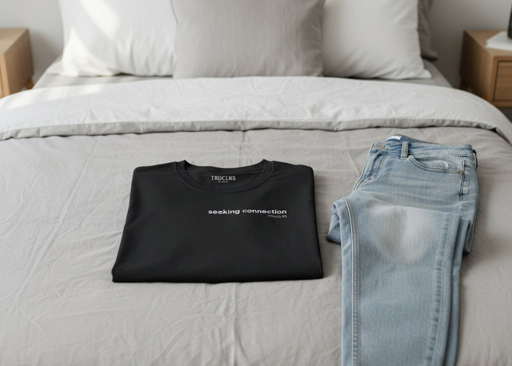 Close-up of LEZBEHONEST emotionally available banner on pride graphic tee