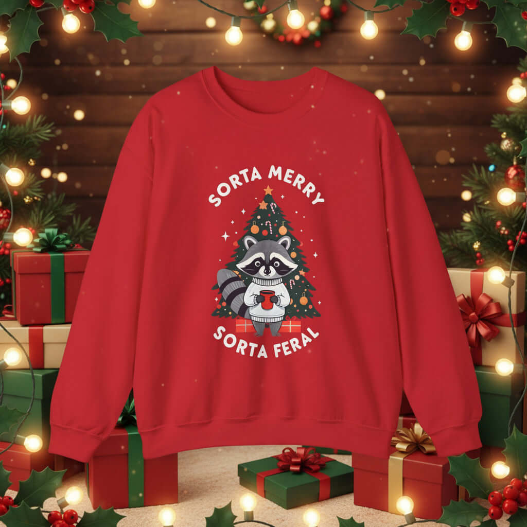 Sorta Merry Sorta Feral Christmas Jumper featuring a raccoon in front of a Christmas tree with festive decorations.
