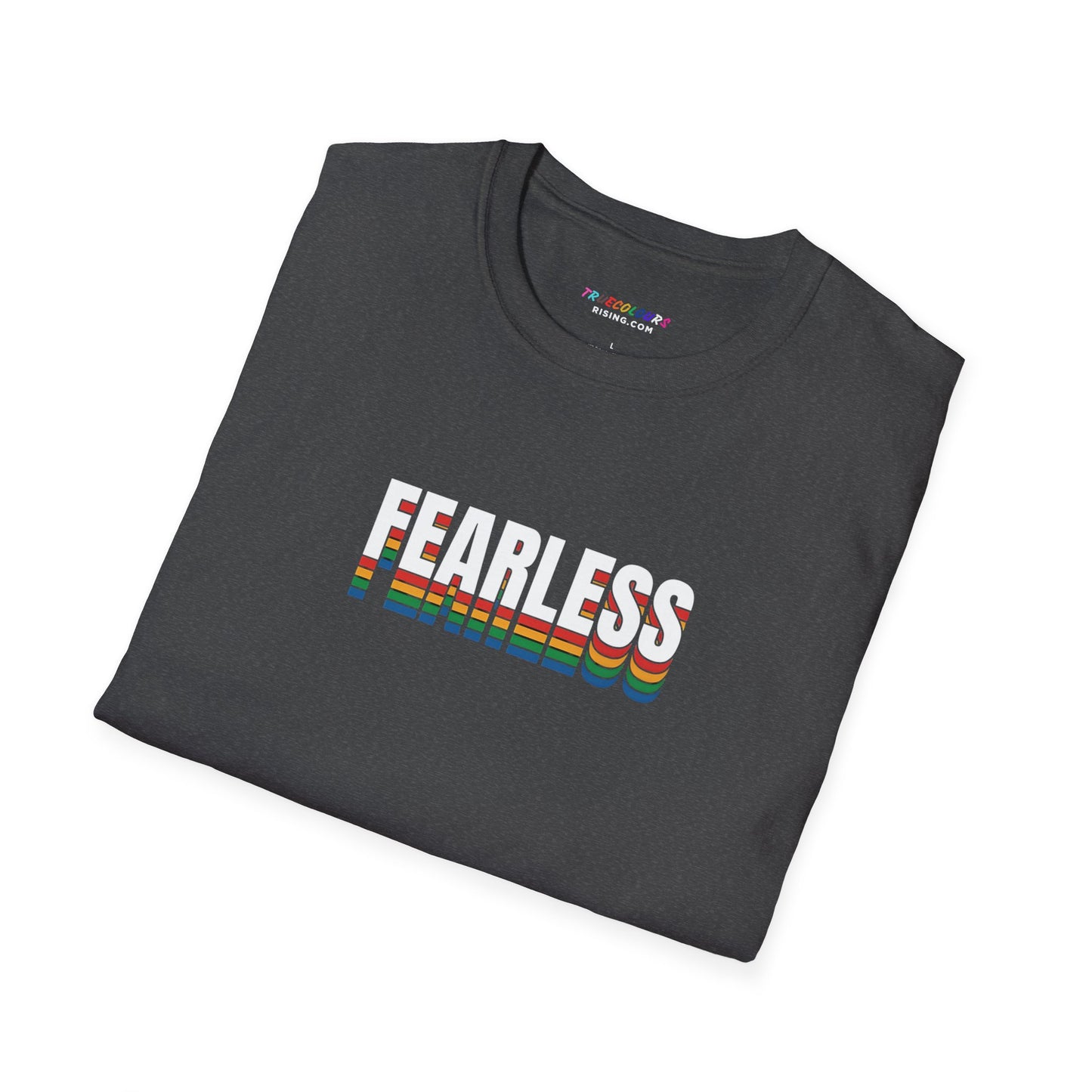 Rainbow pride fearless t-shirt with bold typography for alternative queer fashion