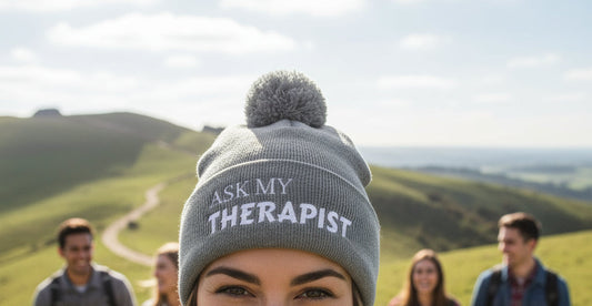 grey bobble hat, ask my therapist warm cozy hat