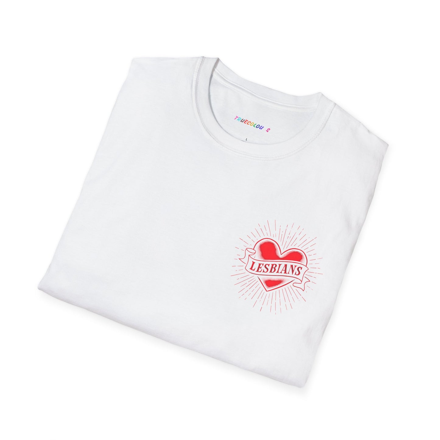 Retro lesbian heart t-shirt with tattoo flash-style design and red ink.