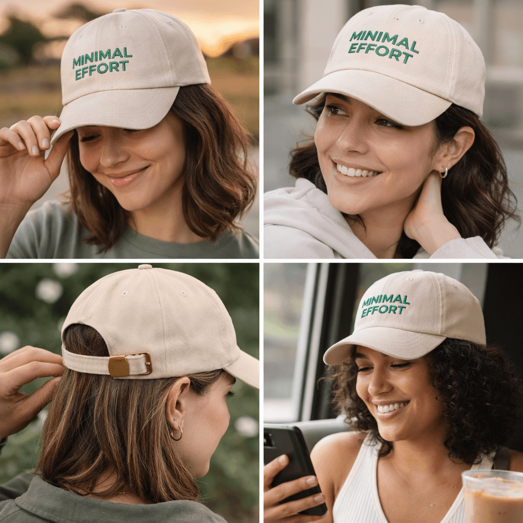 Close-up of woman smiling while wearing a neutral beige unstructured dad cap with Minimal Effort embroidery