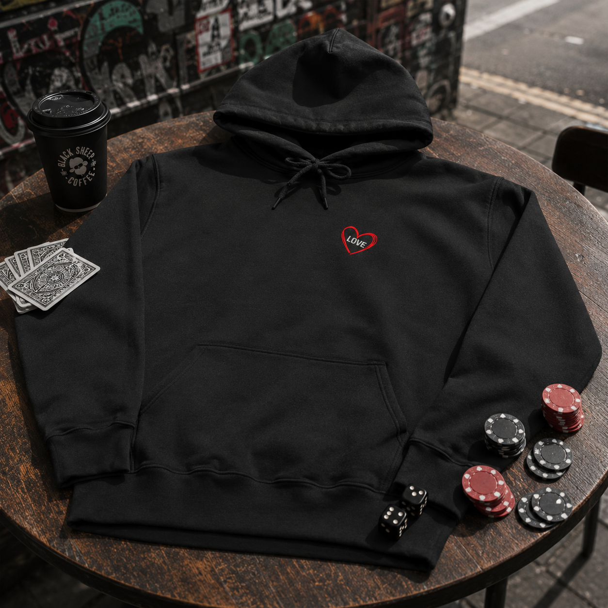 True Colours Rising Love Is a Gamble hoodie photographed in an urban London scene with a plus-size model.