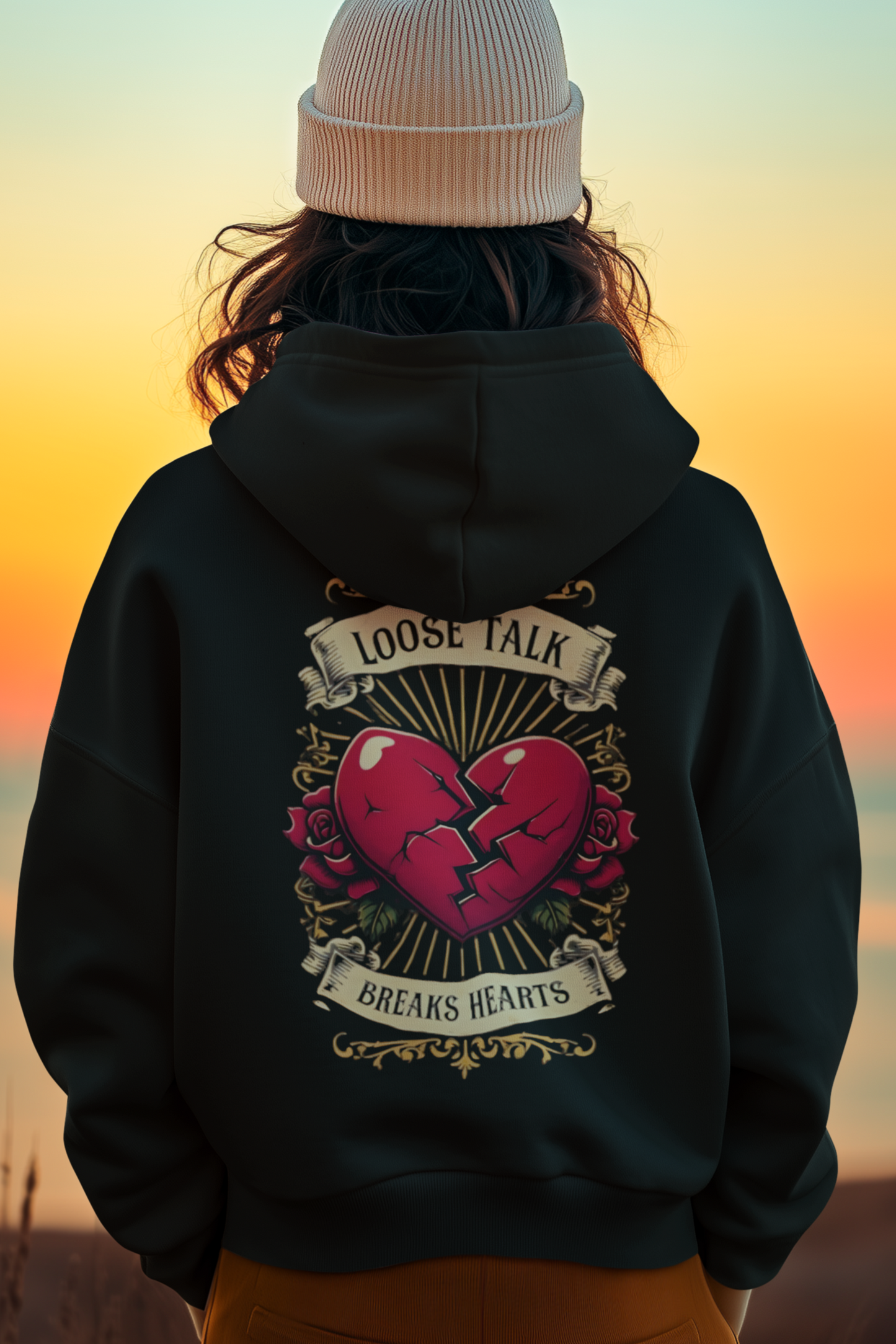 Person wearing a hoodie with a graphic design of a broken heart and text, standing against a sunset sky.