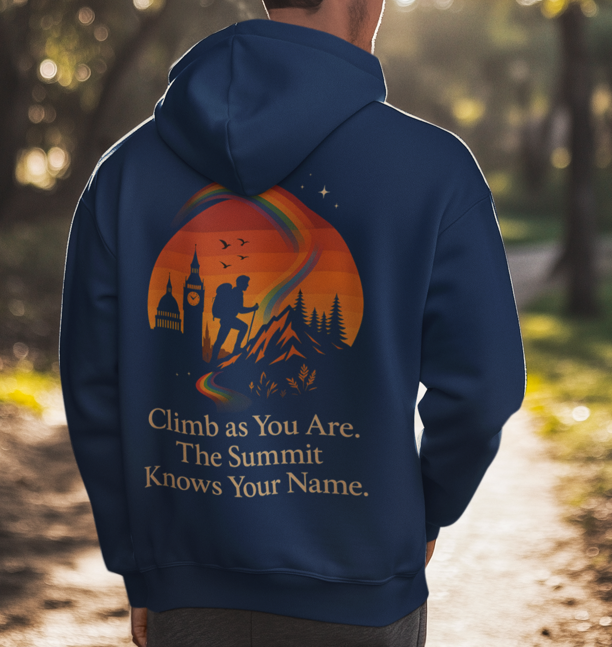True Colours Rising hoodie with outdoor adventure design and LGBTQ+ rainbow trail on back