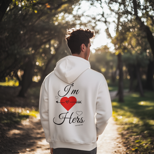I'm Hers Matching White Hoodie Couples hoodie with “I’m Hers” message displayed on a clothing rack