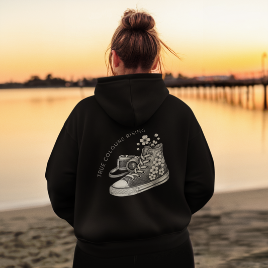 Premium graphic hoodie with hand illustrated sneaker flowers and camera design