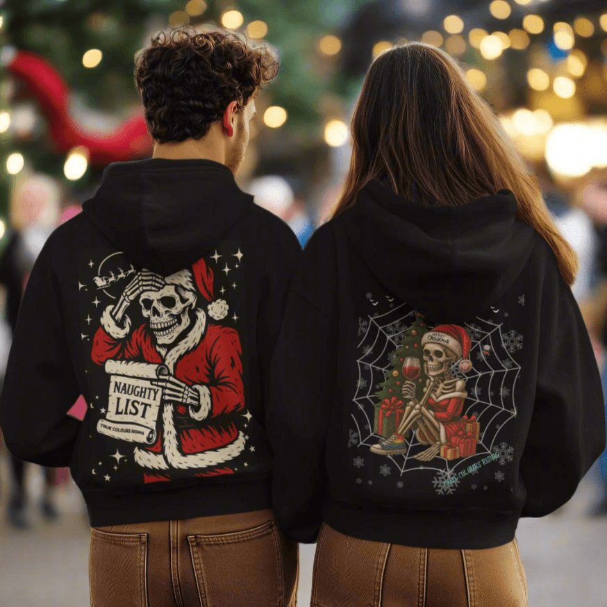Dark holiday hoodie with detailed skeleton Santa art and Christmas theme