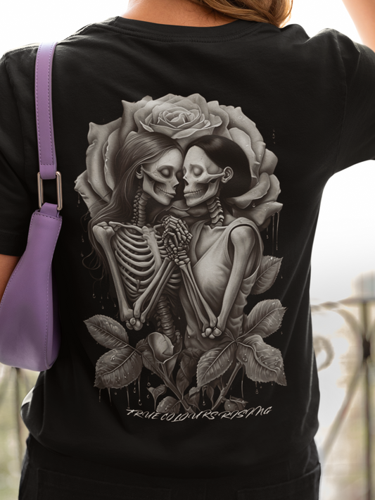 Model wearing True Love Never Dies black T-shirt with skeleton lovers and rose design