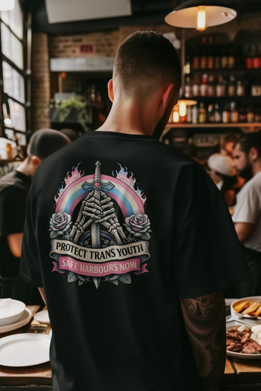 Back view of black t shirt with Protect Trans Youth Safe Harbours gothic graphic