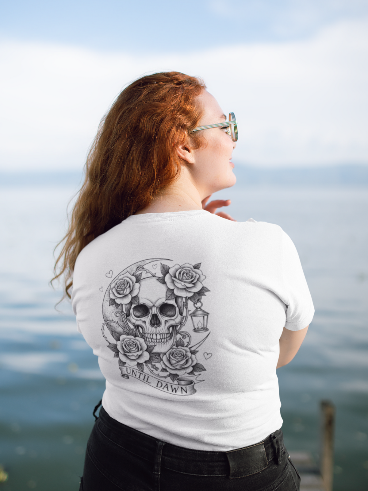Artistic skull and floral crescent moon design on back of Until Dawn Skull & Rose T Shirt