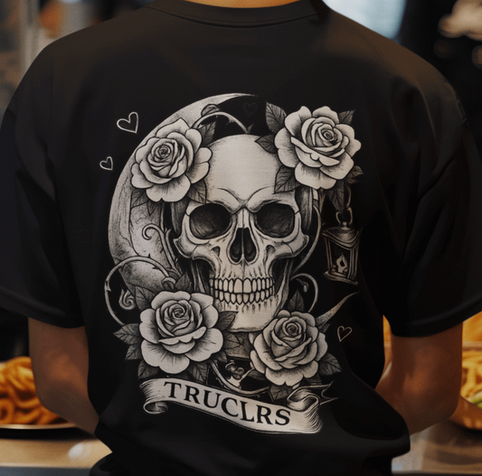 Back view of skull and roses under crescent moon graphic with minimal front moon rose motif