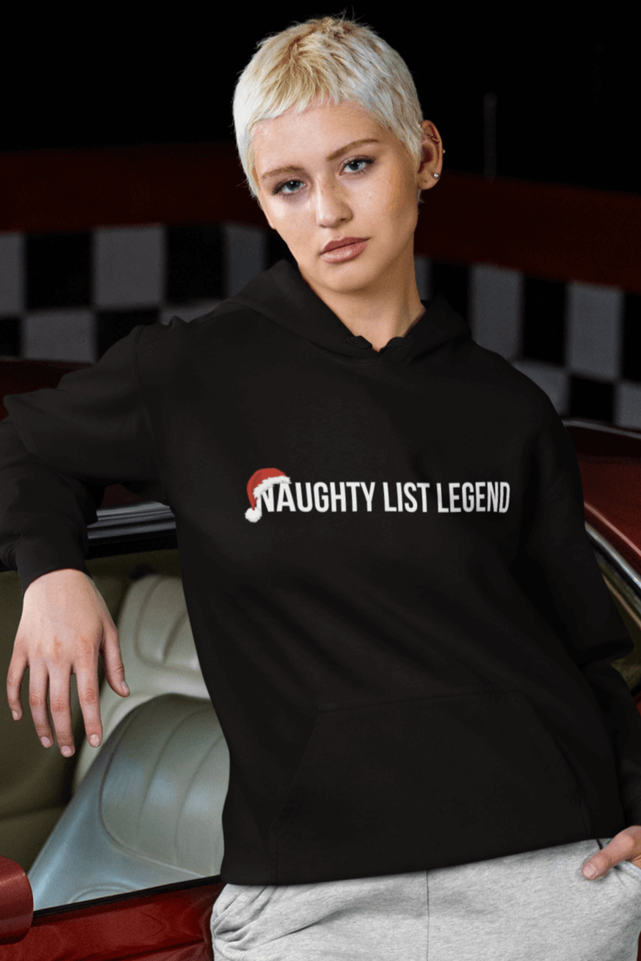 Black Hoodie Naughty List Legend, True Colours Rising Hoodie with Retro Santa on the back
