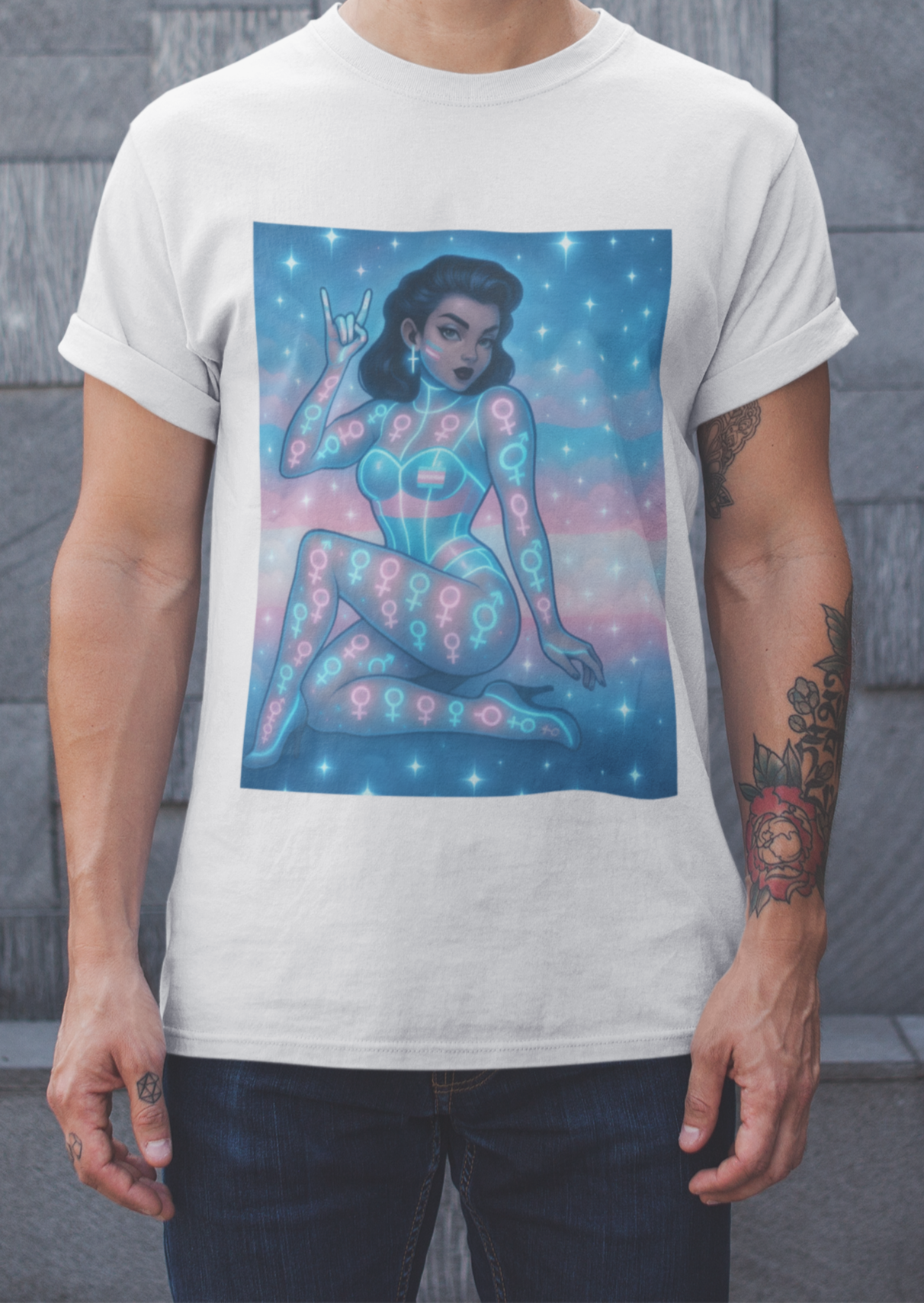"Front view of unisex Trans Rights T Shirt with sparkles and trans flag – black colour option