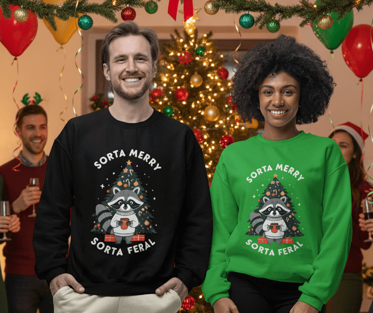 Sorta Merry Sorta Feral Christmas Jumper showcased on models at a festive holiday party with Christmas decorations.