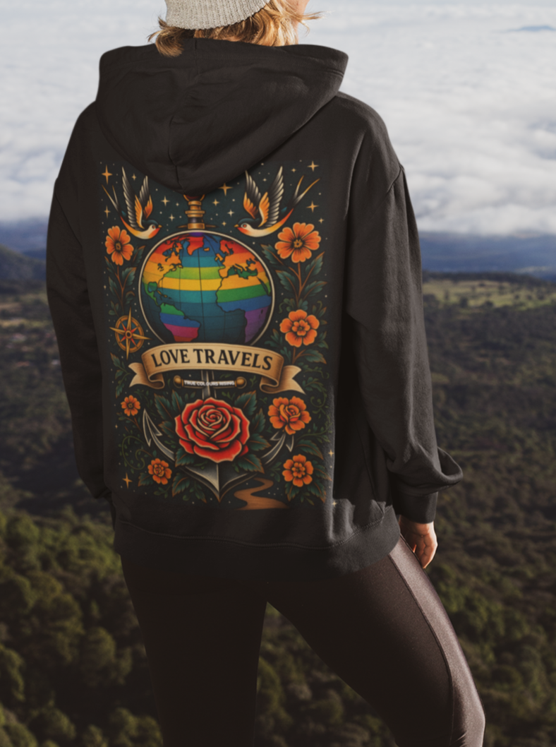 LGBTQ+ pride hoodie with traditional tattoo globe and floral design for autumn fashion