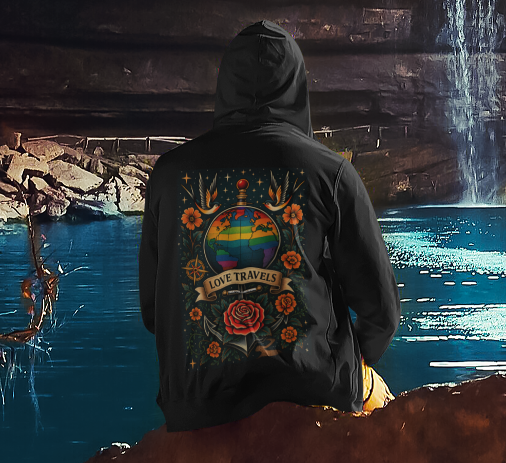 Tattoo-style autumn hoodie with roses, anchor, and globe in rainbow pride colors