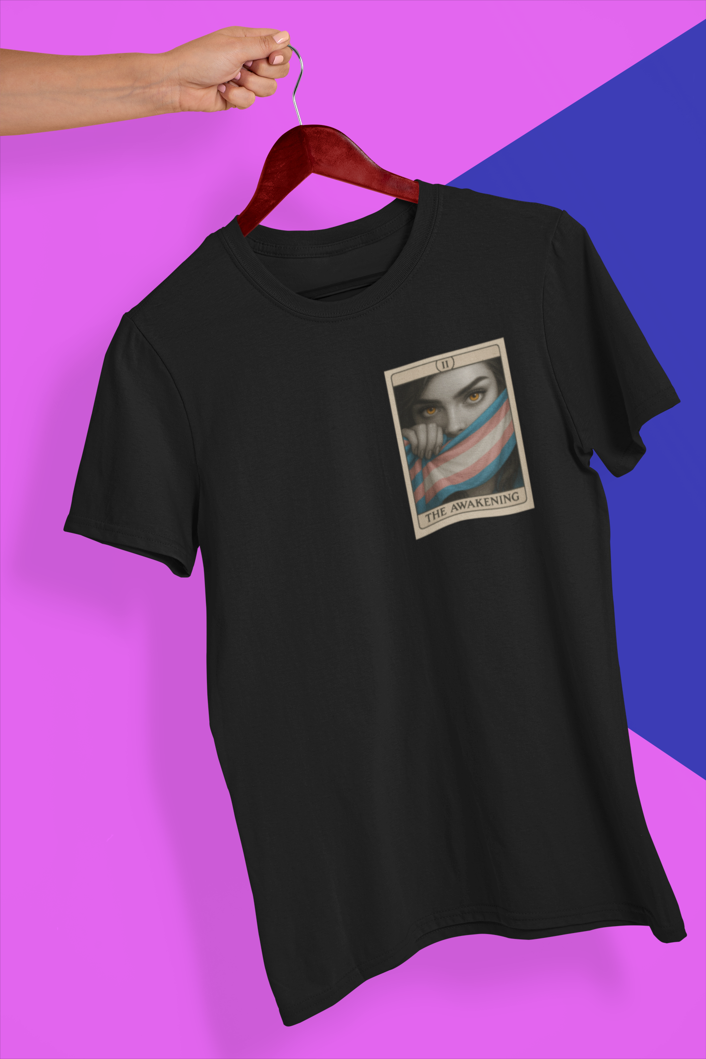 The Awakening card-style design with trans pride flag symbolism