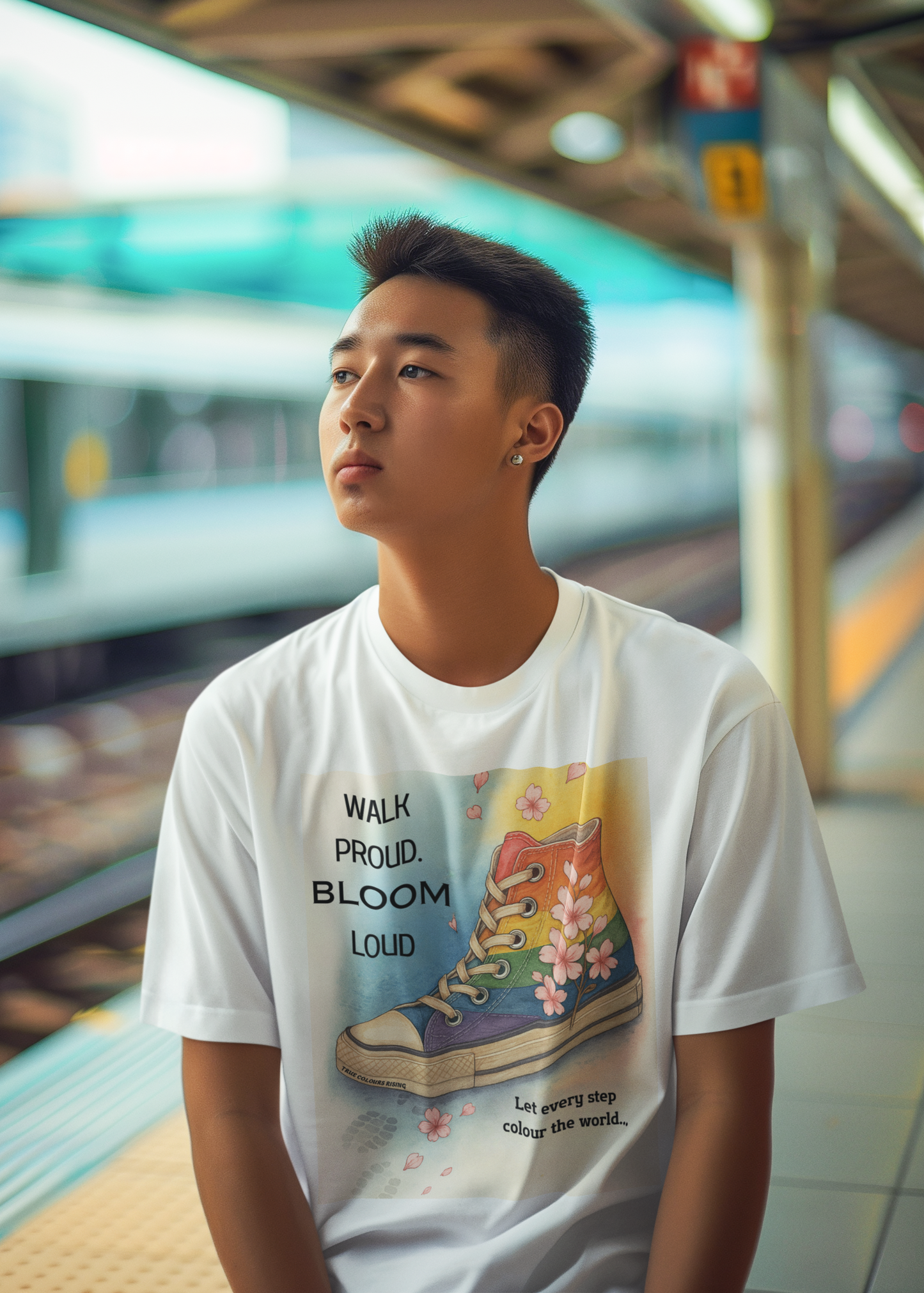 person wearing statement wear t shirt from true colours rising, rainbow converse t shirt