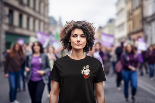 Black eco-conscious cotton tee featuring unique LGBTQ+ romantic artwork