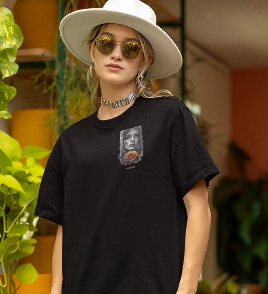 Sapphic Woman in black T Shirt laid back summer vibe