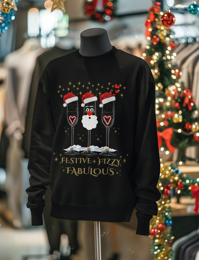 Festive Fizzy Fabulous Christmas Jumper displayed on mannequin with holiday lights