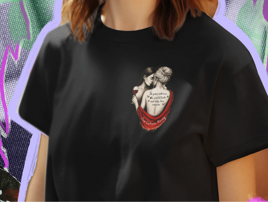 Black t-shirt with romantic tattoo-style artwork on front, modelled against abstract background