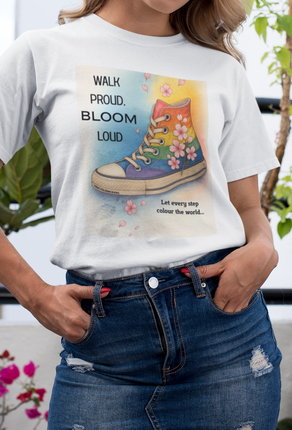 sustainable white t shirt, true colours rising, converse rainbow t shirt, LGBTQ
