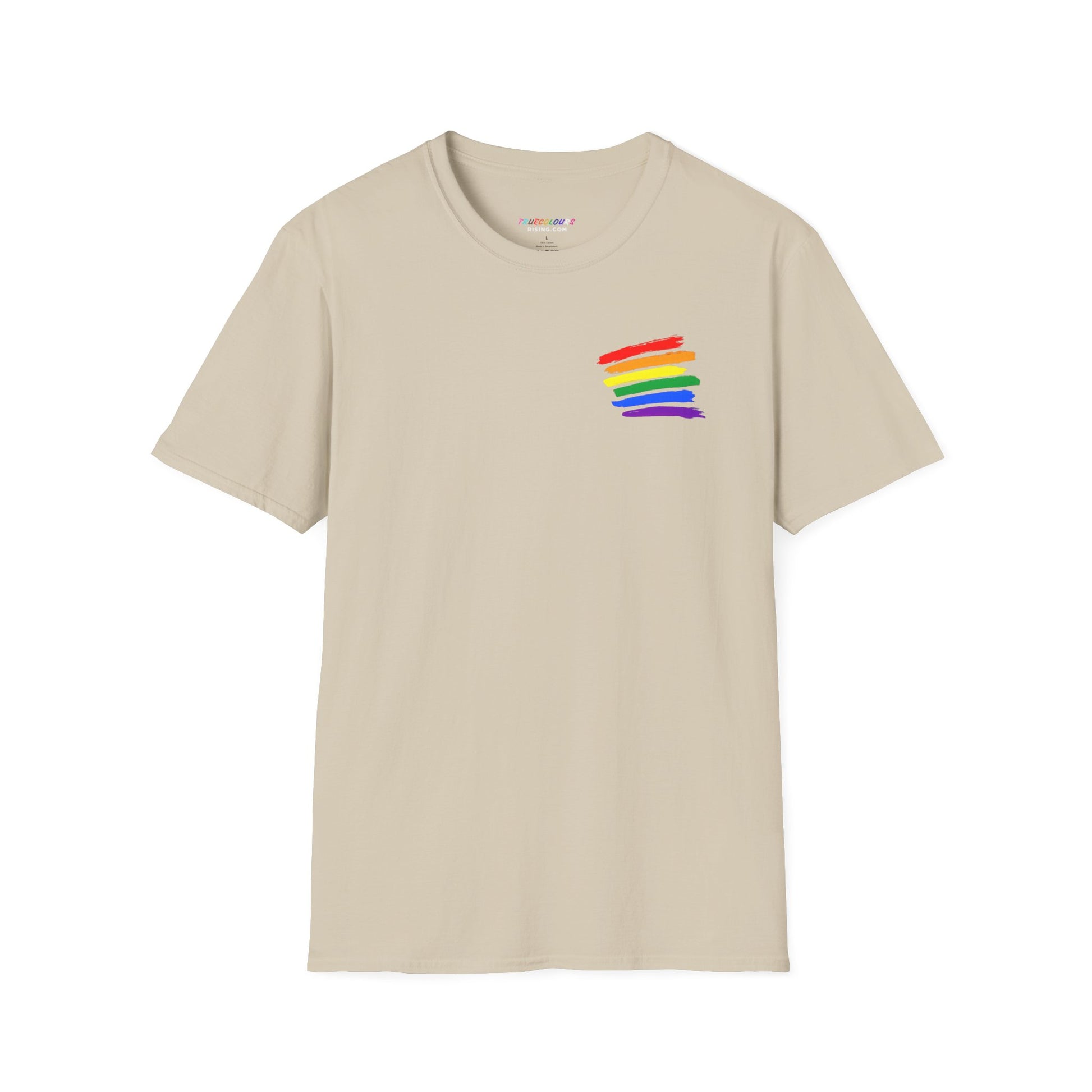 True Colours Rising rainbow equality shirt with colourful stripes over heart.