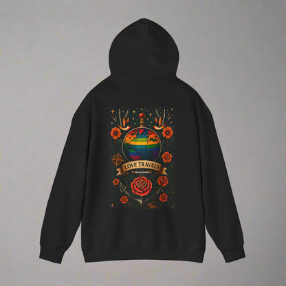 Black hoodie with rainbow globe tattoo art surrounded by roses and floral motifs.