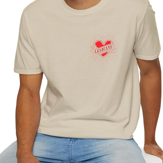 tattoo-style lesbian pride t-shirt with red heart and banner design.