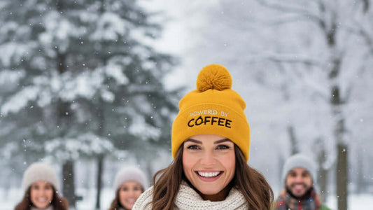 Woman, Yellow Beanie, woolly hat with bobble, powered by coffee words, true colours rising