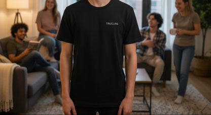 Black t-shirt with 'TRUCLAS' logo on a white background