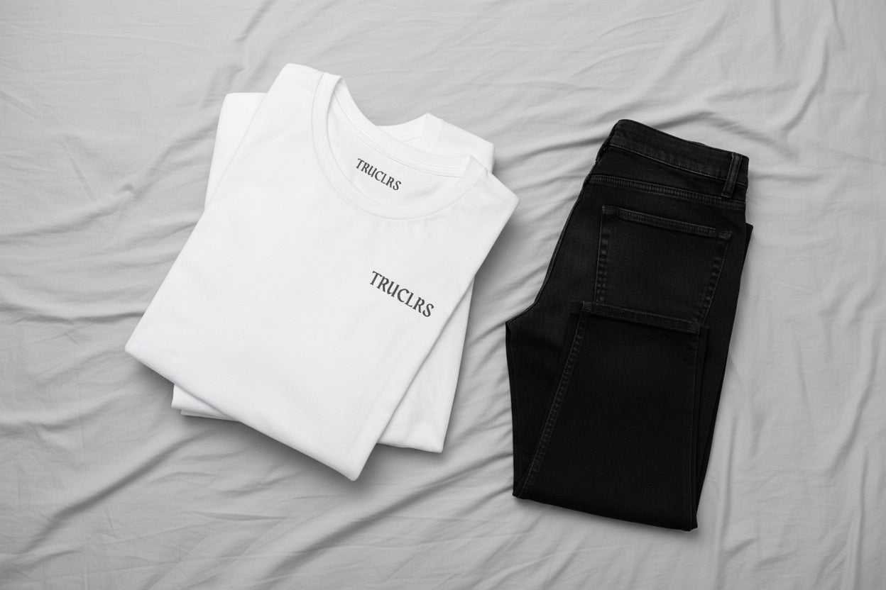Retail fit unisex t shirt front in white with subtle TRUCLRS chest logo