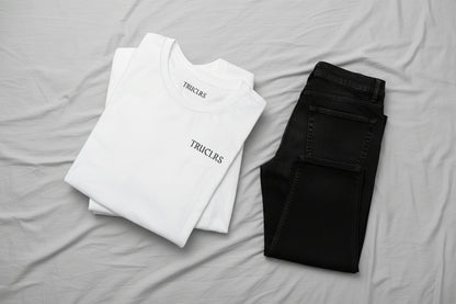 Retail fit unisex t shirt front in white with subtle TRUCLRS chest logo
